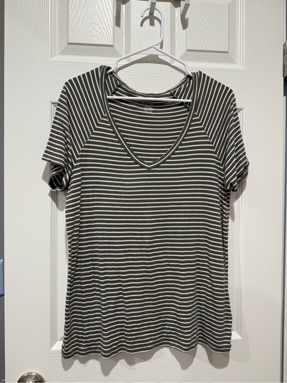 American Eagle Outfitters Olive and White Striped V‑Neck Short Sleeve Tee